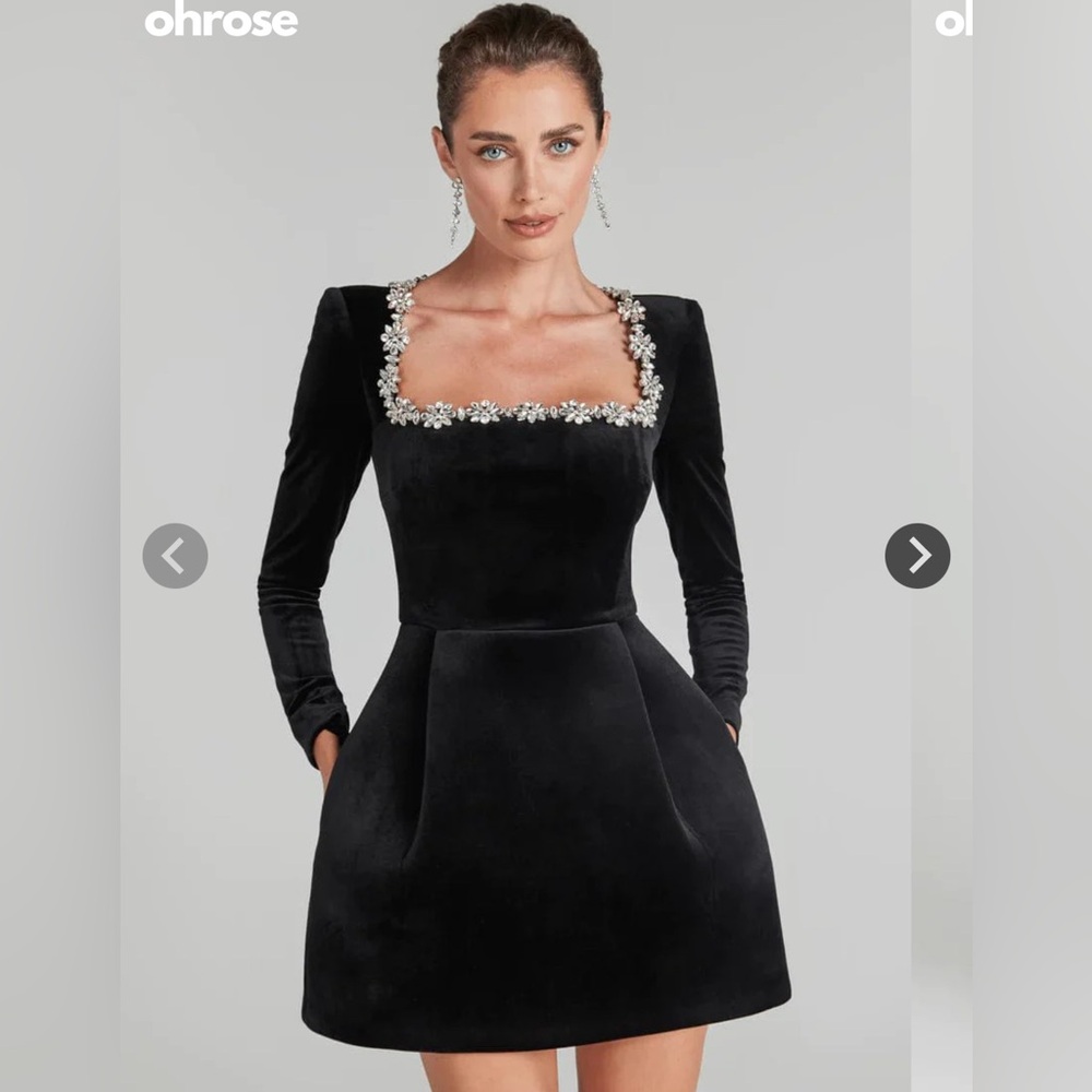 Black Long Sleeve Dress with Floral diamond Accents